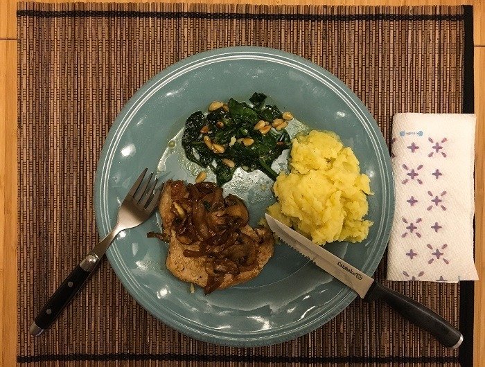 Pork Scallopine with Caramelized Onions and Mushrooms, Saute Spinach and Mashed Potatoes Recipe
